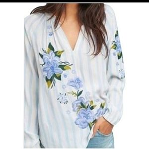 Anthropologie Akemi & Kin Striped Blouse Floral Embroidered S
